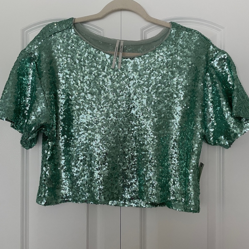 Anthropologie Sparkling turquoise Sequin Crop Top